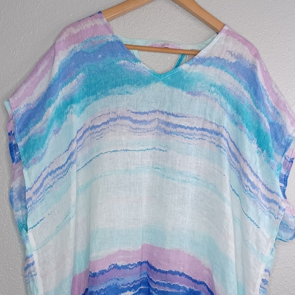 Chico's Mineral Wash Watercolor 100% Linen Kaftan Sz S/M Beachy Tunic Top - Picture 3 of 12